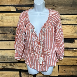 Anthropologie Akemi+Kin Audria Linen Striped Embroidered‎ Blouse Size Small